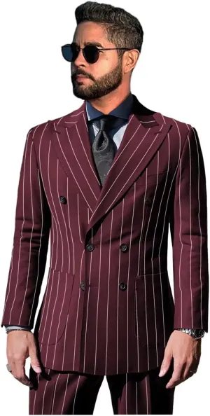 Pinstripe Suits for Men Double Breasted Tuxedo Regular Fit 2 Piece Blazer Pants Peak Lapel Suit Set for Wedding Prom