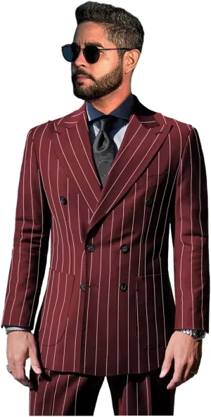 Pinstripe Suits for Men Double Breasted Tuxedo Regular Fit 2 Piece Blazer Pants Peak Lapel Suit Set for Wedding Prom