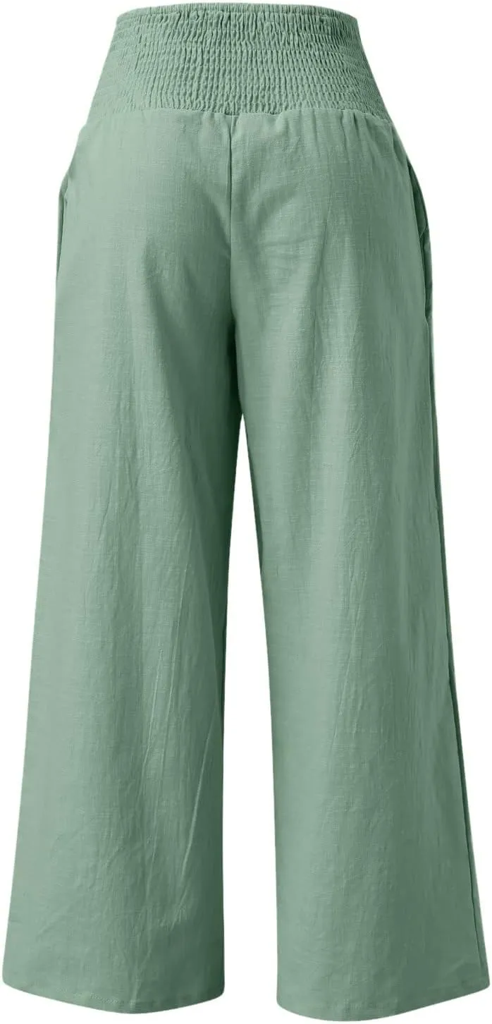 Plus Size Linen Pants For Women Loose Fit Wide Leg Lounge Pants Boho Smocked Waisted Palazzo Trousers with Pockets