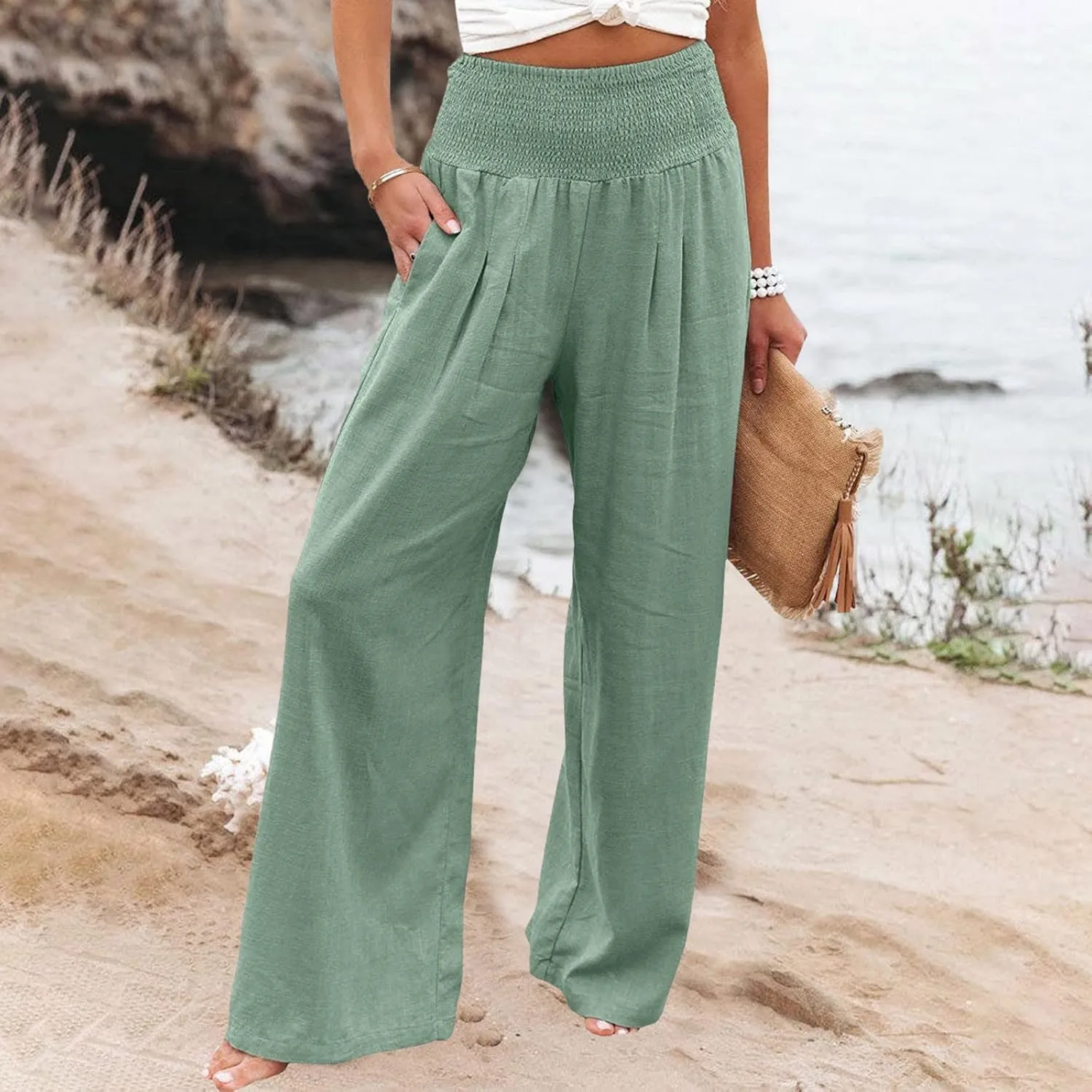 Plus Size Linen Pants For Women Loose Fit Wide Leg Lounge Pants Boho Smocked Waisted Palazzo Trousers with Pockets