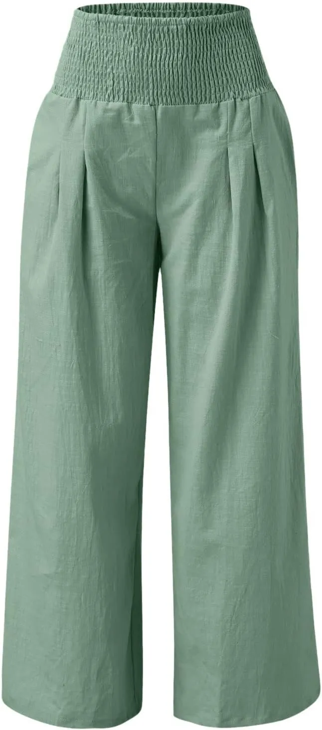 Plus Size Linen Pants For Women Loose Fit Wide Leg Lounge Pants Boho Smocked Waisted Palazzo Trousers with Pockets