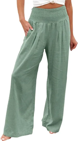 Plus Size Linen Pants For Women Loose Fit Wide Leg Lounge Pants Boho Smocked Waisted Palazzo Trousers with Pockets