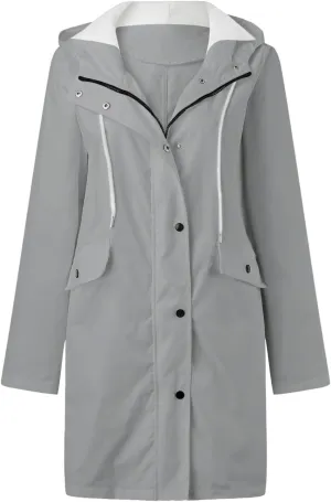 Rain Jacket Womens Waterproof with Hood, Long Rain Coat Windproof Windbreaker Outdoor Rain Trench Coat S-3XL