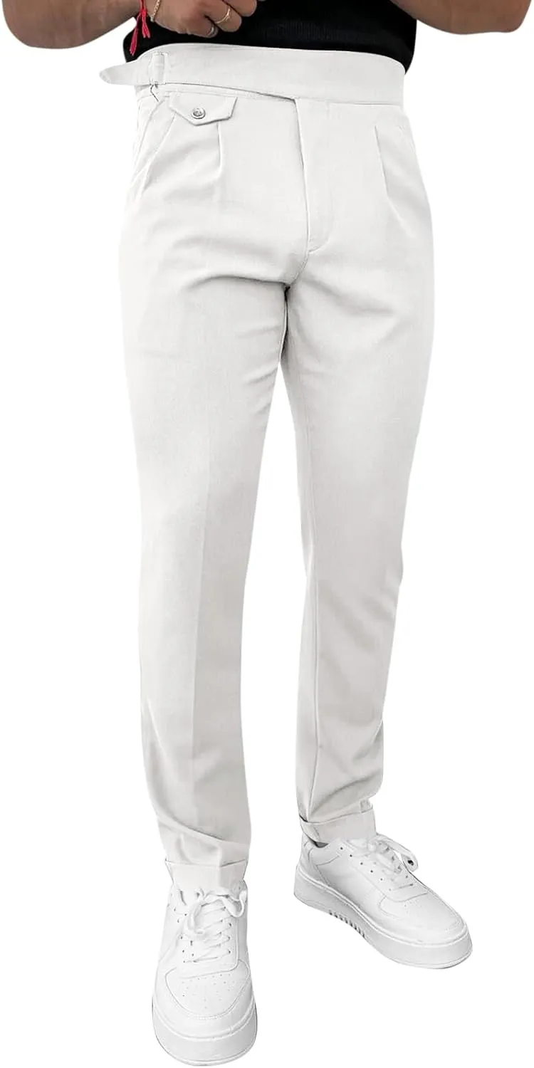 Runcati Mens Classic Fit Dress Pants Pleated Elastic Waist Work Pants Skinny Stretch Business Suit Pants