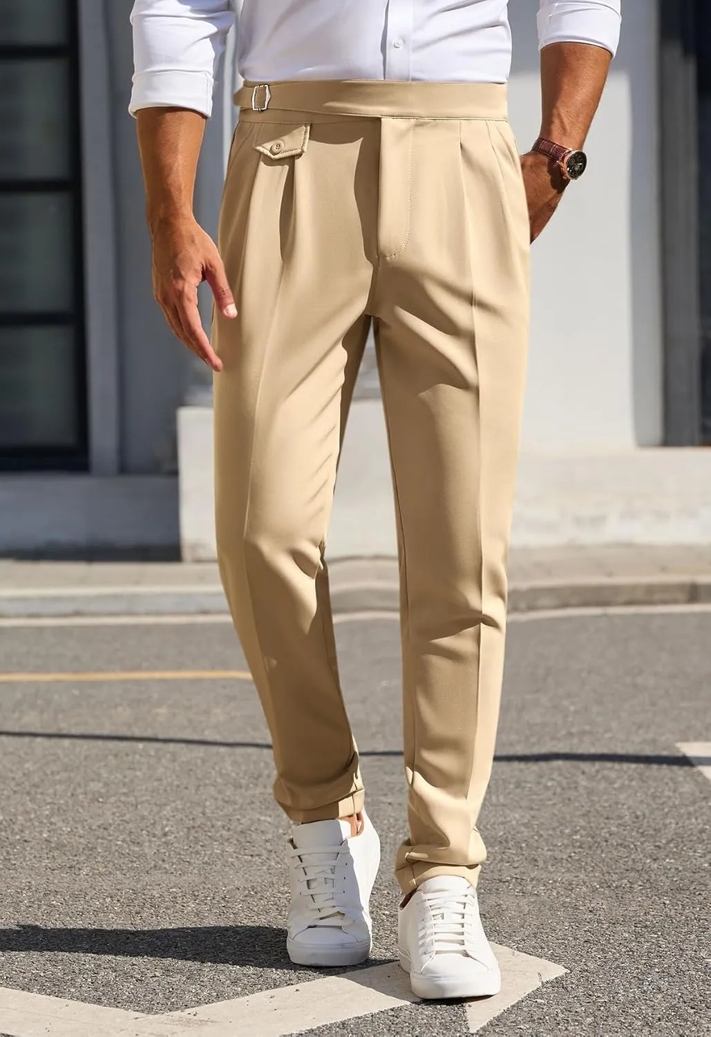 Runcati Mens Classic Fit Dress Pants Pleated Elastic Waist Work Pants Skinny Stretch Business Suit Pants