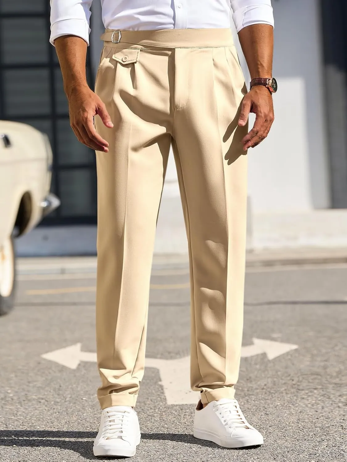 Runcati Mens Classic Fit Dress Pants Pleated Elastic Waist Work Pants Skinny Stretch Business Suit Pants