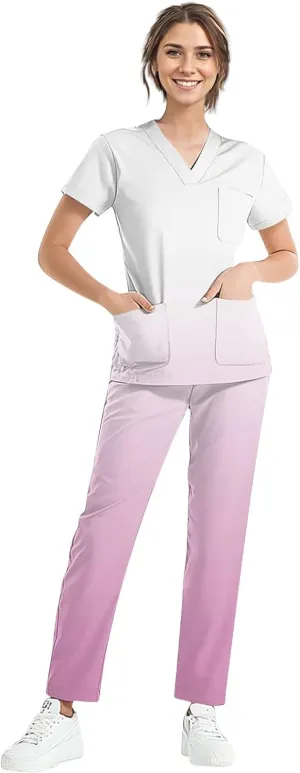 Scrubs Set with Pockets for Women V-Neck Scrub Top & Cargo Pants Fun Nursing Uniform Stretch Set Yoga Waistband