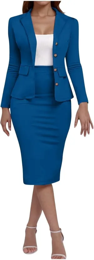 Skirt Suit Sets for Women's 2 Piece Slim Fit Long Sleeve Blazers and Pencil Skirts Dressy Work Office Suit Jackets