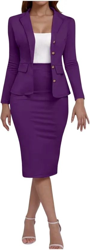 Skirt Suit Sets for Women's 2 Piece Slim Fit Long Sleeve Blazers and Pencil Skirts Dressy Work Office Suit Jackets