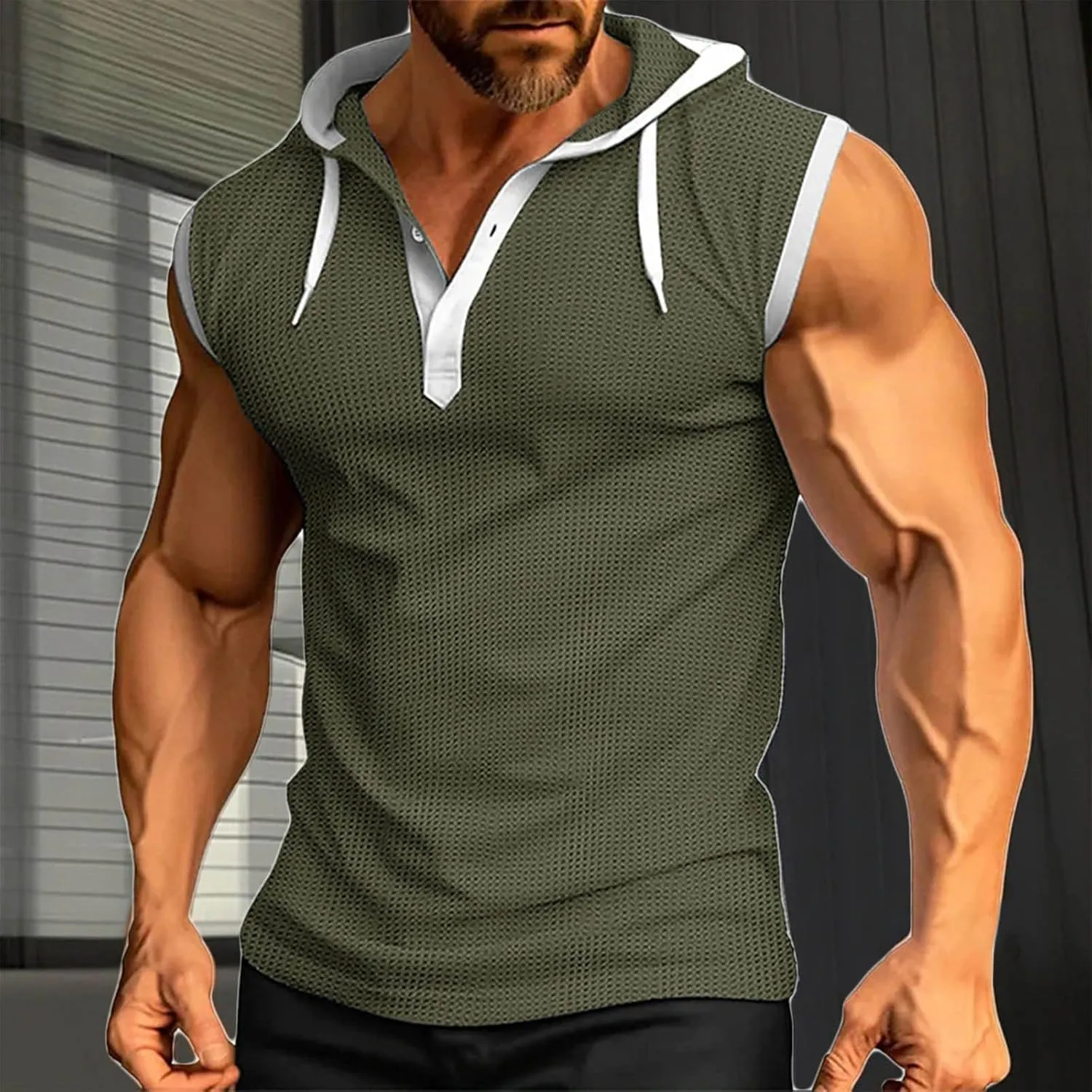 Sleeveless Waffle Knit T-Shirt for Men Trendy Workout Hooded Tank Tops Summer Fitness Button Hoodie Active Basic Tees