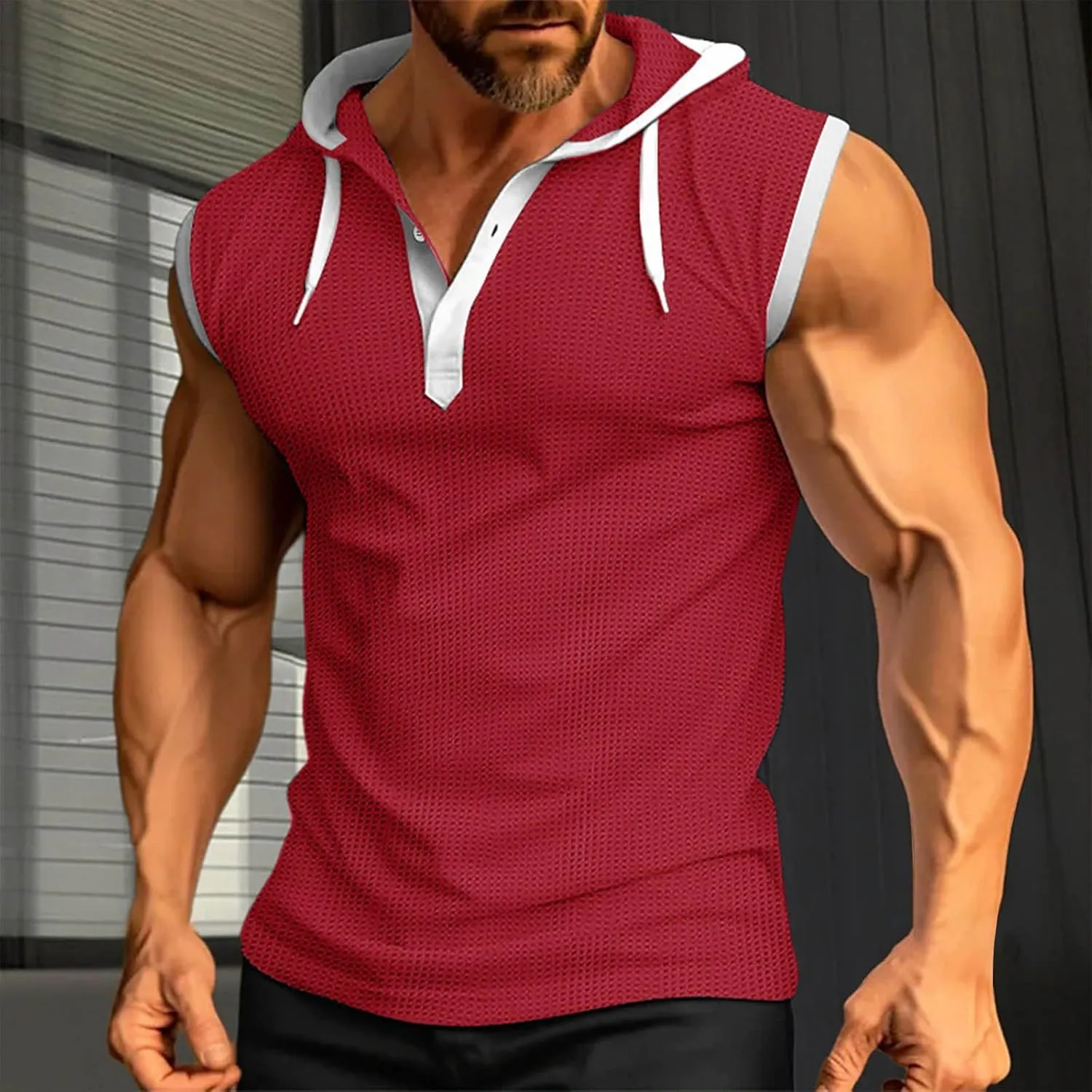 Sleeveless Waffle Knit T-Shirt for Men Trendy Workout Hooded Tank Tops Summer Fitness Button Hoodie Active Basic Tees