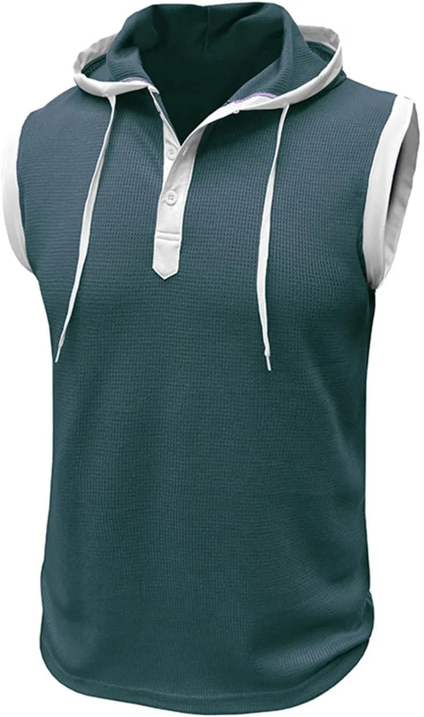 Sleeveless Waffle Knit T-Shirt for Men Trendy Workout Hooded Tank Tops Summer Fitness Button Hoodie Active Basic Tees