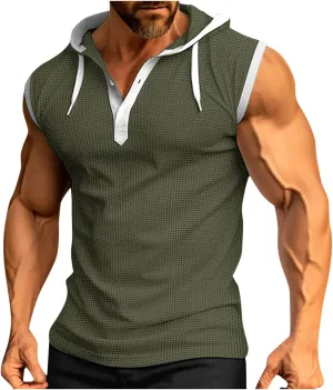 Sleeveless Waffle Knit T-Shirt for Men Trendy Workout Hooded Tank Tops Summer Fitness Button Hoodie Active Basic Tees