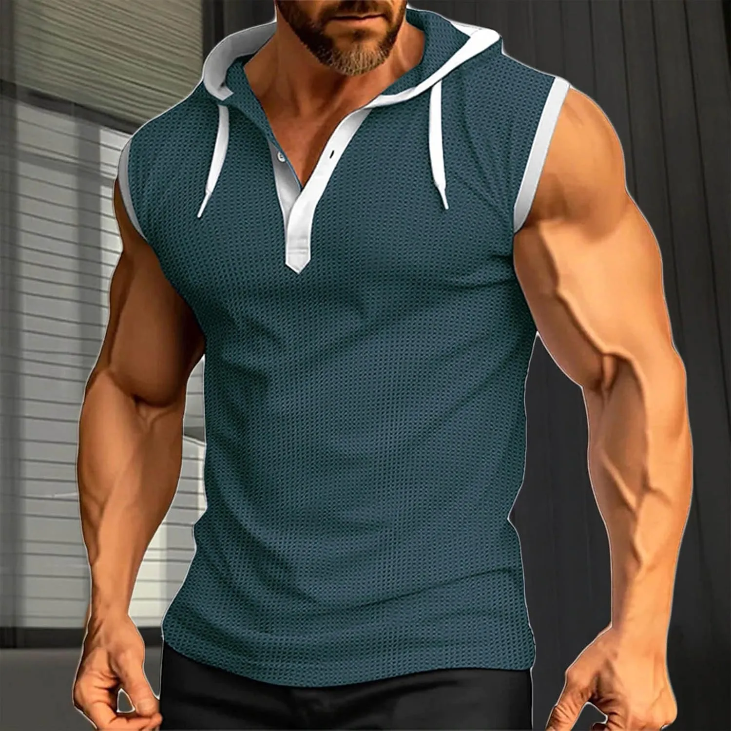 Sleeveless Waffle Knit T-Shirt for Men Trendy Workout Hooded Tank Tops Summer Fitness Button Hoodie Active Basic Tees