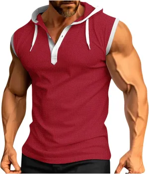 Sleeveless Waffle Knit T-Shirt for Men Trendy Workout Hooded Tank Tops Summer Fitness Button Hoodie Active Basic Tees