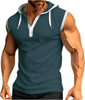 Sleeveless Waffle Knit T-Shirt for Men Trendy Workout Hooded Tank Tops Summer Fitness Button Hoodie Active Basic Tees