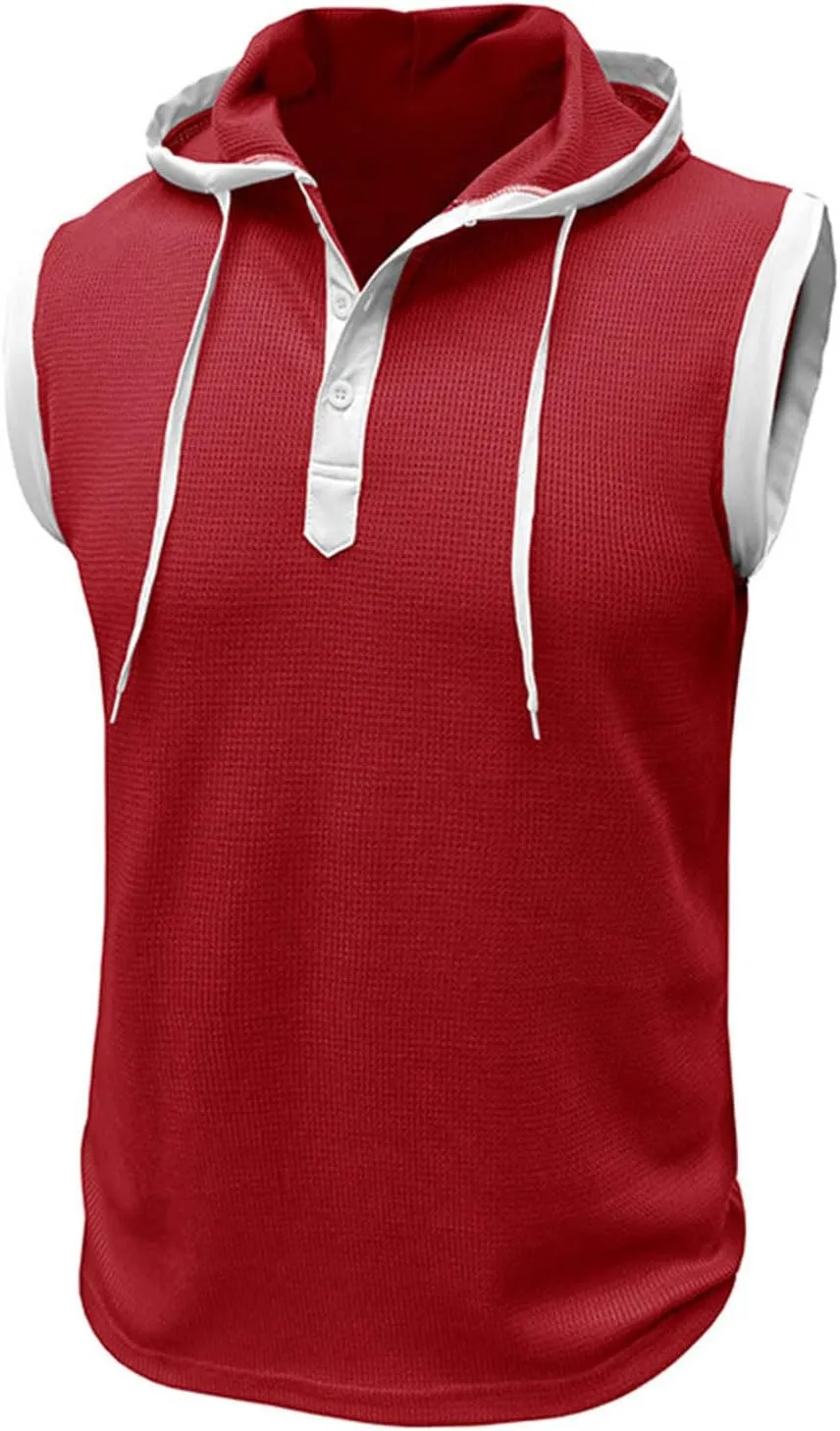 Sleeveless Waffle Knit T-Shirt for Men Trendy Workout Hooded Tank Tops Summer Fitness Button Hoodie Active Basic Tees