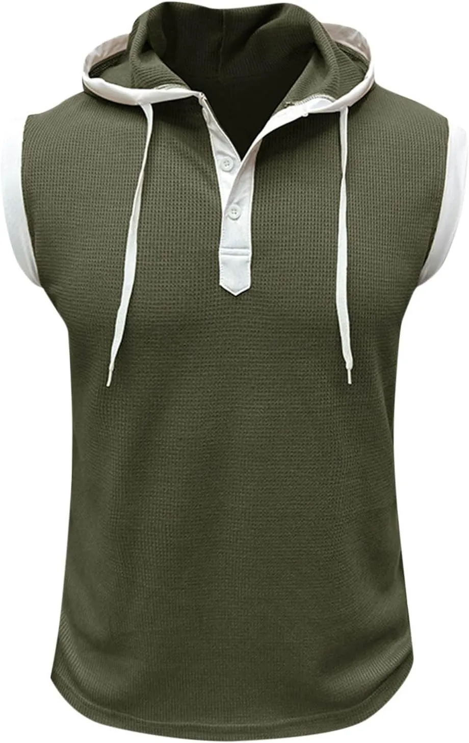 Sleeveless Waffle Knit T-Shirt for Men Trendy Workout Hooded Tank Tops Summer Fitness Button Hoodie Active Basic Tees