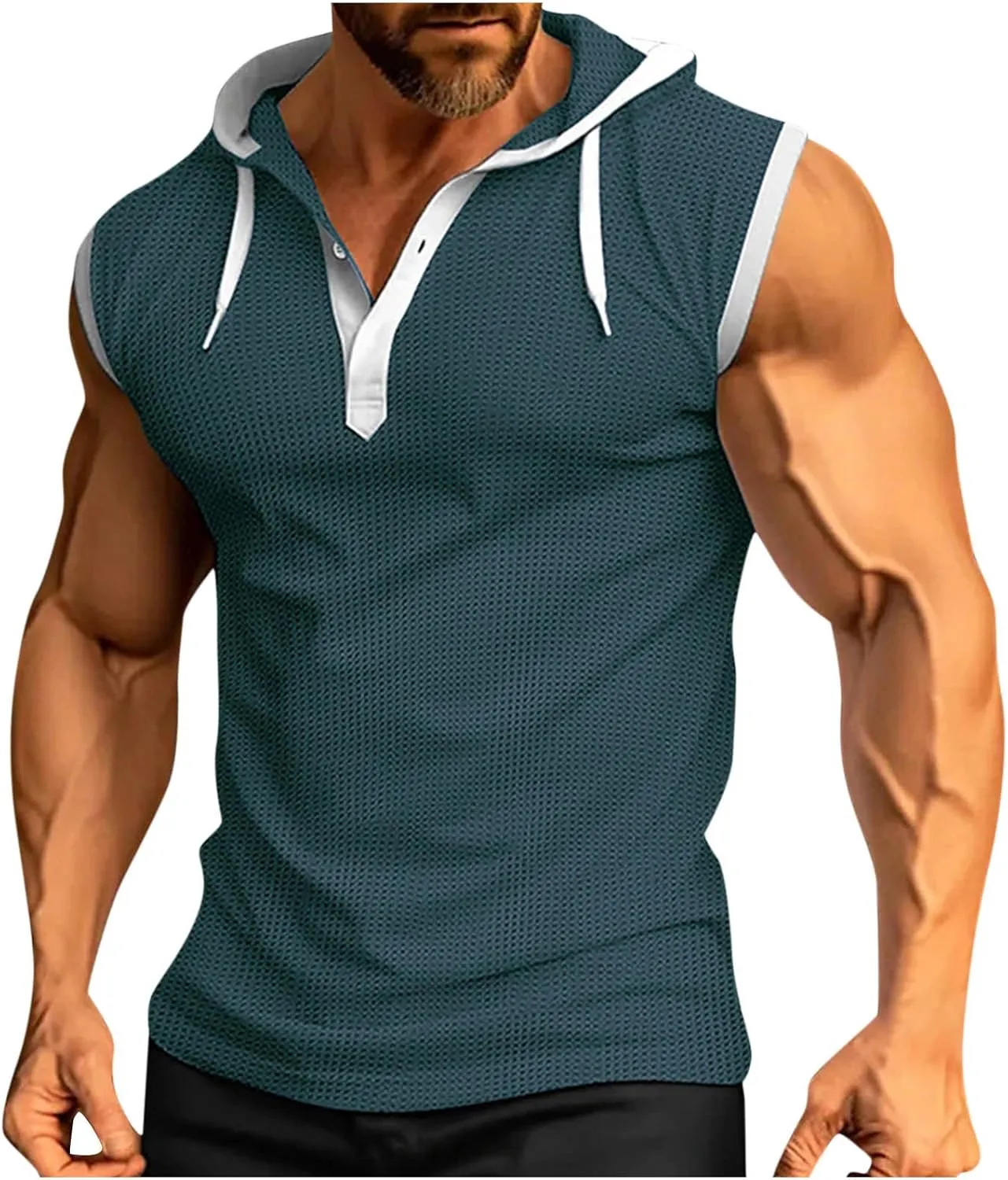 Sleeveless Waffle Knit T-Shirt for Men Trendy Workout Hooded Tank Tops Summer Fitness Button Hoodie Active Basic Tees