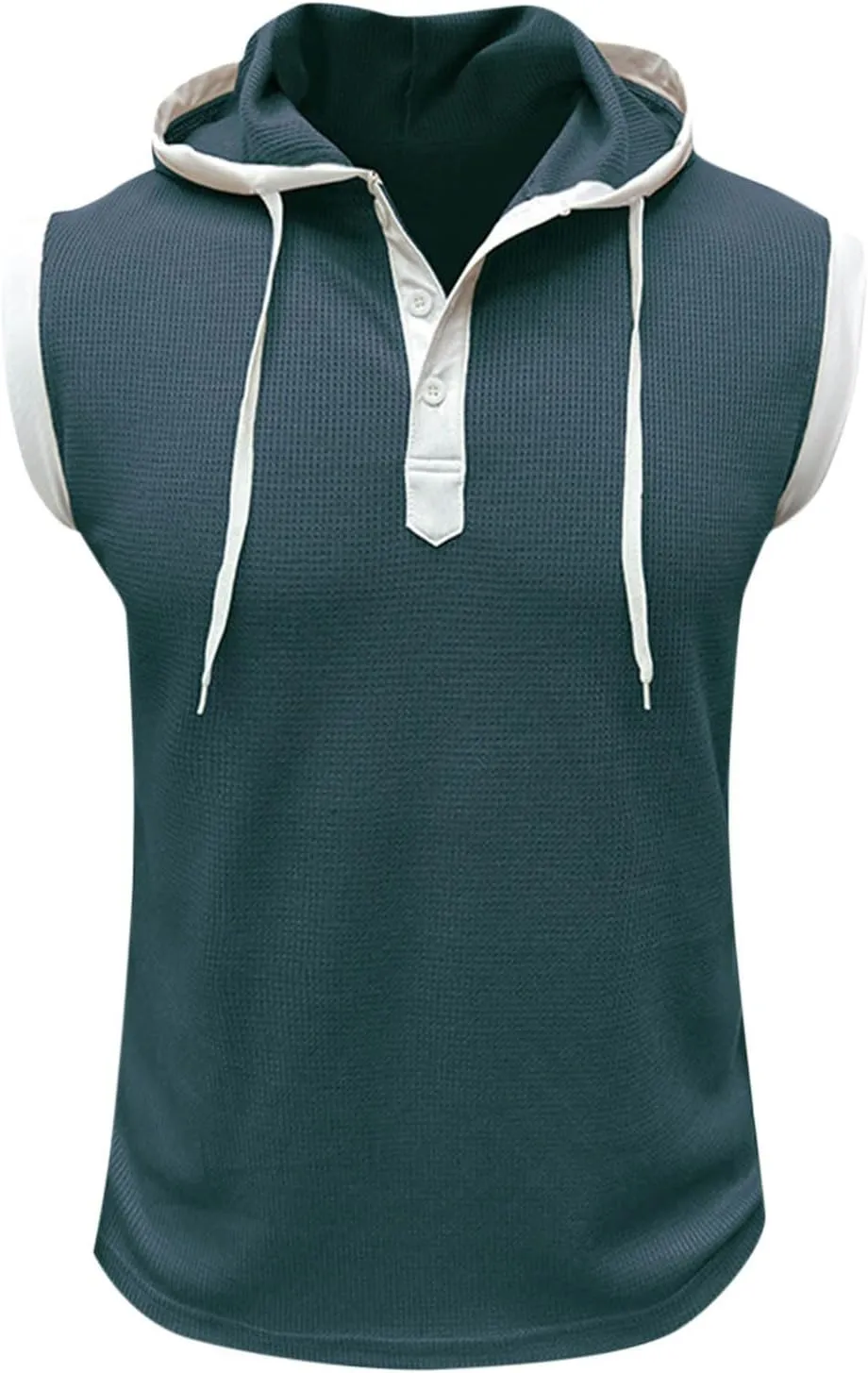 Sleeveless Waffle Knit T-Shirt for Men Trendy Workout Hooded Tank Tops Summer Fitness Button Hoodie Active Basic Tees