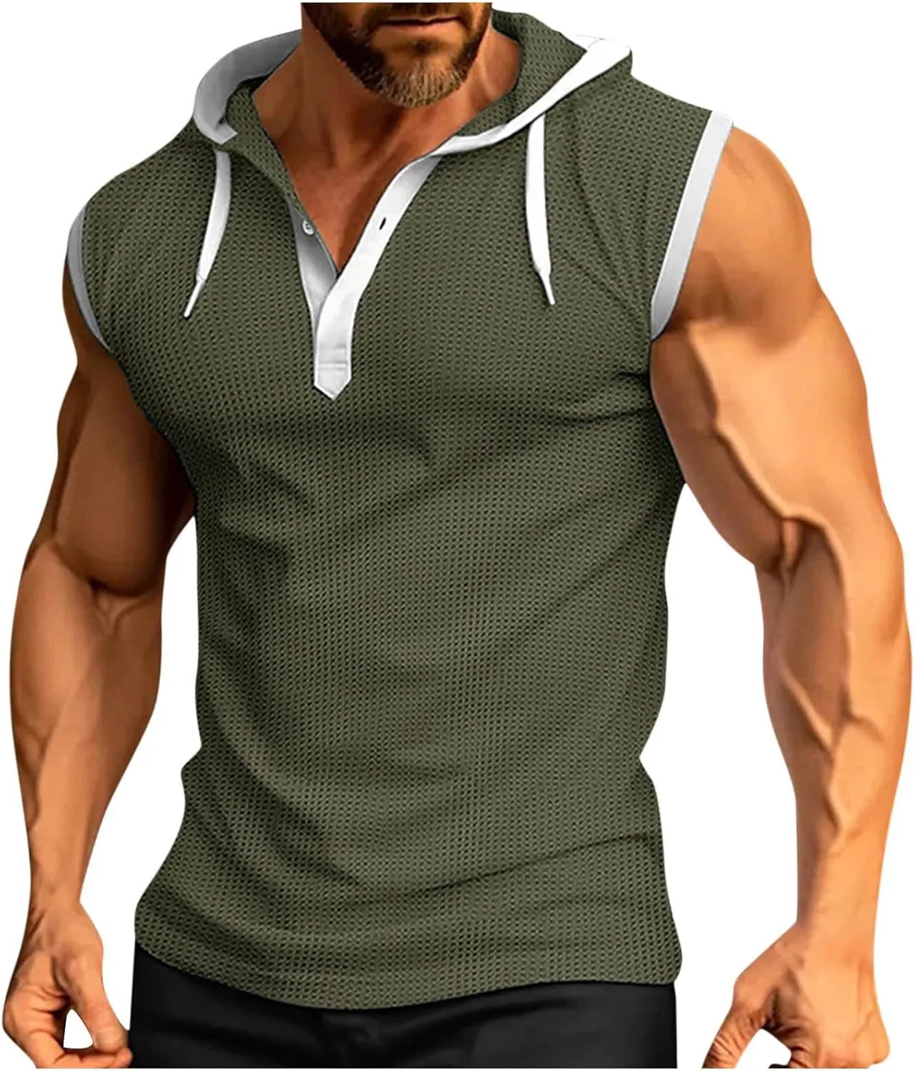Sleeveless Waffle Knit T-Shirt for Men Trendy Workout Hooded Tank Tops Summer Fitness Button Hoodie Active Basic Tees
