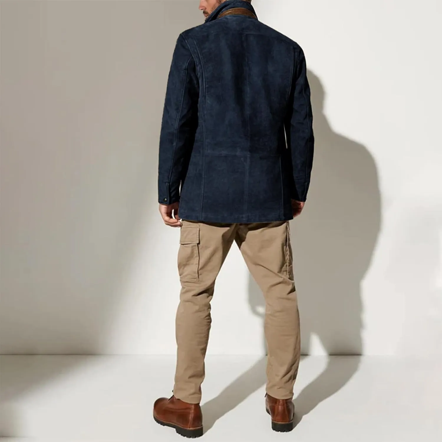 Suede Blazer for Men Faux Leather Suit Jacket Distressed Notch Lapel Buttons Sport Coat Zipper Trucker Western Jacket