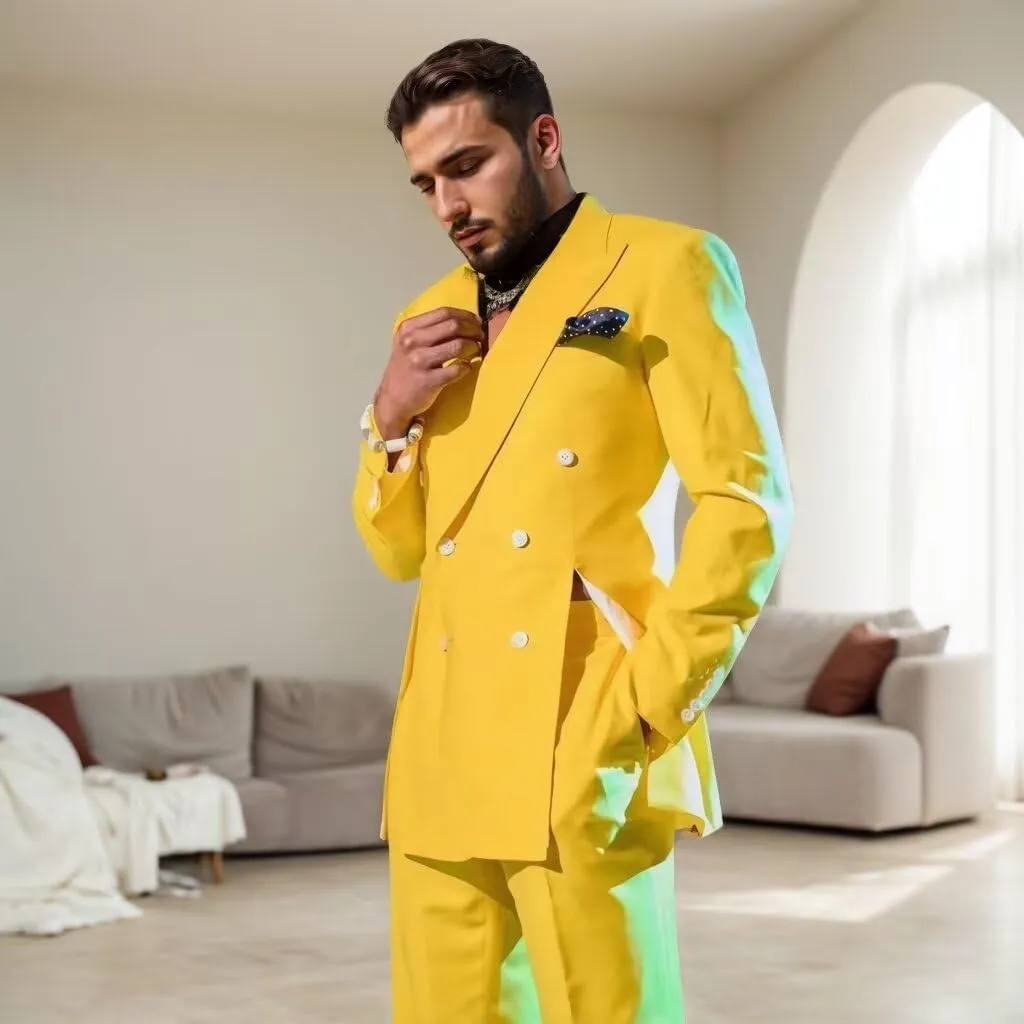 Suits for Men Regular Fit Double Breasted 2 Piece Set Double Vent Peak Lapel Solid Blazer Pants for Wedding Party