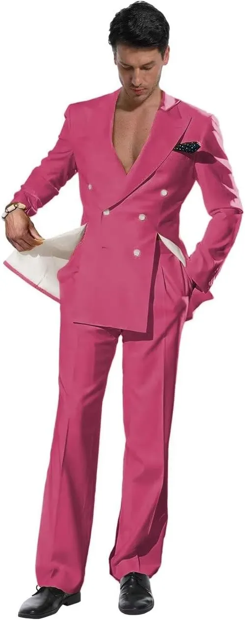 Suits for Men Regular Fit Double Breasted 2 Piece Set Double Vent Peak Lapel Solid Blazer Pants for Wedding Party