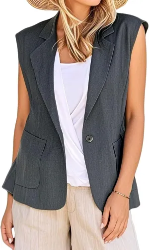 Summer Vest for Women Casual Open Front Sleeveless Blazers Business Lapel Button Suit Vests Loose Work Office Jacket