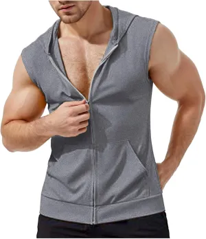 SUWBMHWE Men's Sleeveless Workout Hoodies Zip Up Tank Top with Pockets Gym Bodybuilding Training Sport Muscle Hooded Shirts