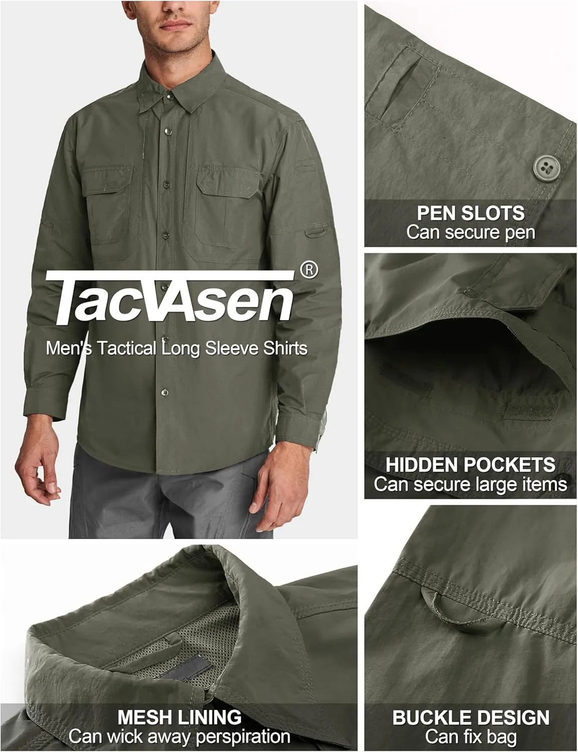 TACVASEN Men's Tactical Shirts Long Sleeve Quick Dry Breathable Button Down Fishing Work Safari Hiking Camping Hunting