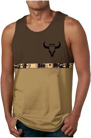 Tank Top Men Ethnic Color Block Vintage Tees Summer Bull Skull Print Shirts Sleeveless Beachwear Casual Pullover Tops