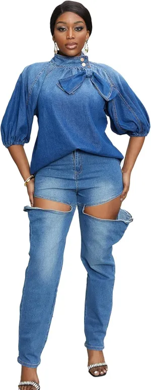 Tbahhir Women's Denim Blouse Blue Bow Tie Jean Shirt Puff Sleeves Mock Neck Cropped Top Casual
