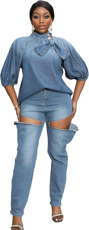Tbahhir Women's Denim Blouse Blue Bow Tie Jean Shirt Puff Sleeves Mock Neck Cropped Top Casual