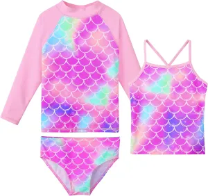 TFJH E 3PCS Long Sleeve Swimsuit for Girls Tankini Rash Guard Set UV 50  Bathing Suits 3-12Y