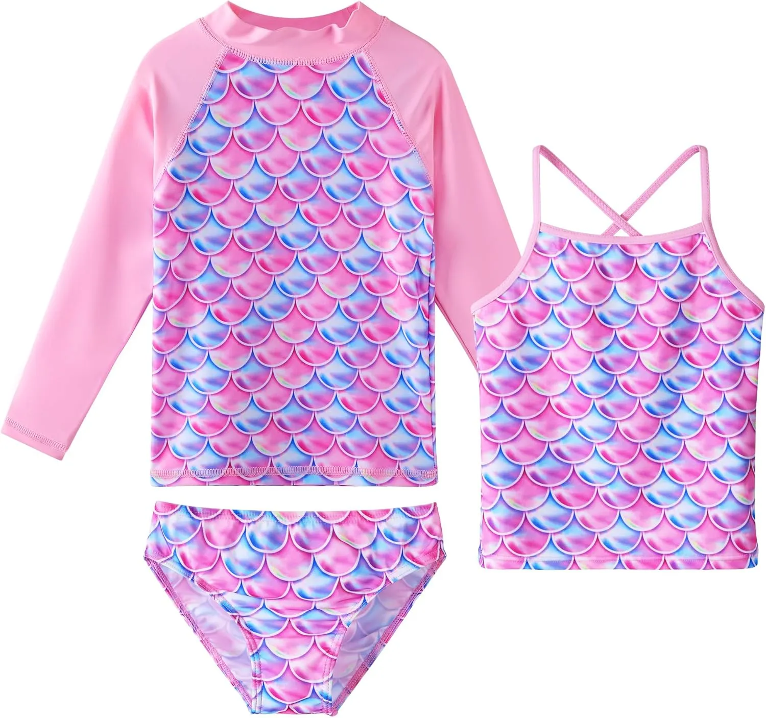 TFJH E 3PCS Long Sleeve Swimsuit for Girls Tankini Rash Guard Set UV 50  Bathing Suits 3-12Y