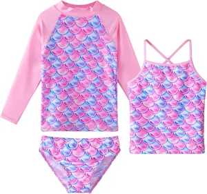 TFJH E 3PCS Long Sleeve Swimsuit for Girls Tankini Rash Guard Set UV 50  Bathing Suits 3-12Y