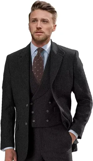 Tweed Suits for Men Slim Fit 3 Piece Suit Double Breasted Herringbone Wool Suits Wedding Prom Bussiness