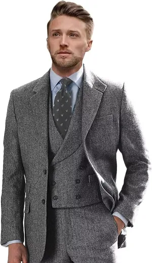 Tweed Suits for Men Slim Fit 3 Piece Suit Double Breasted Herringbone Wool Suits Wedding Prom Bussiness