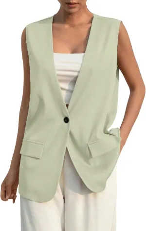 TWGONE Women's Sleeveless Blazer Jackets Summer Lightweight Single Button Waistcoat Open Front Work Office Vest Tops
