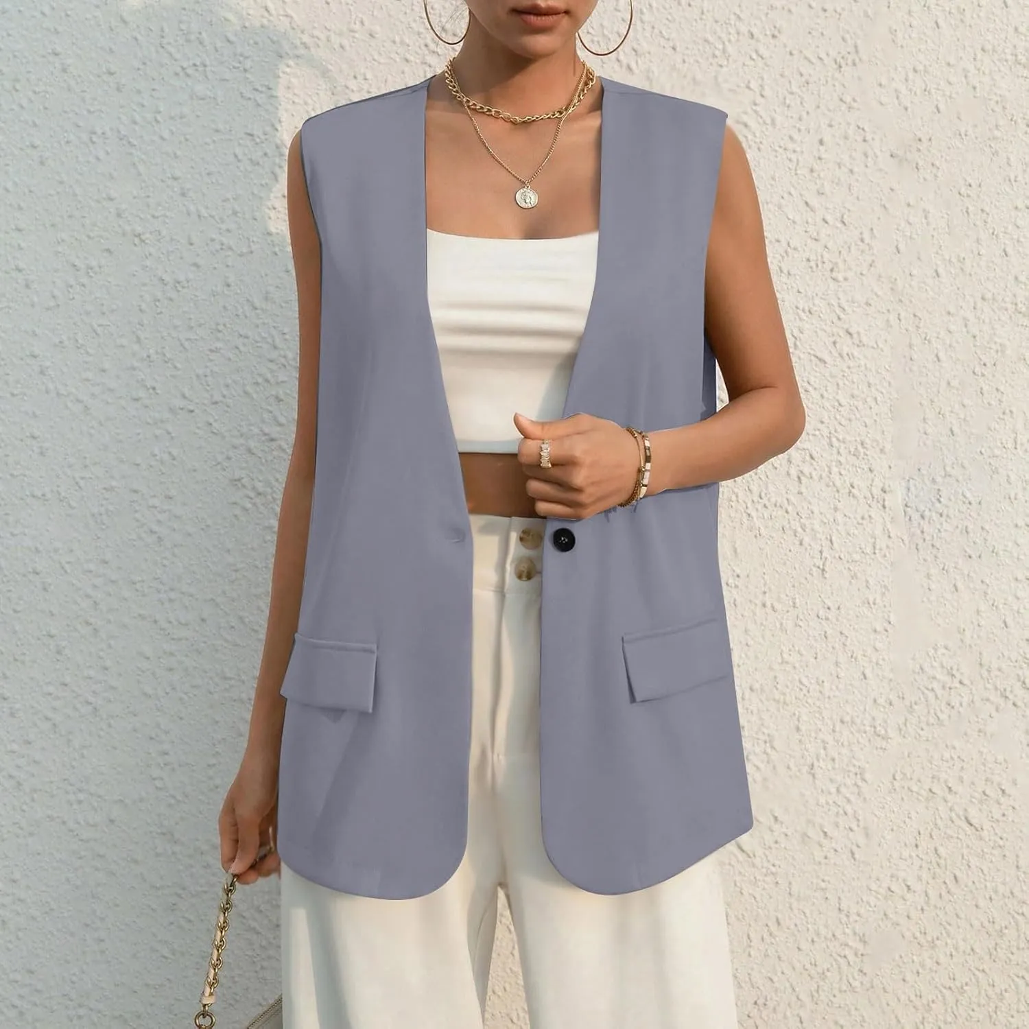 TWGONE Women's Sleeveless Blazer Jackets Summer Lightweight Single Button Waistcoat Open Front Work Office Vest Tops