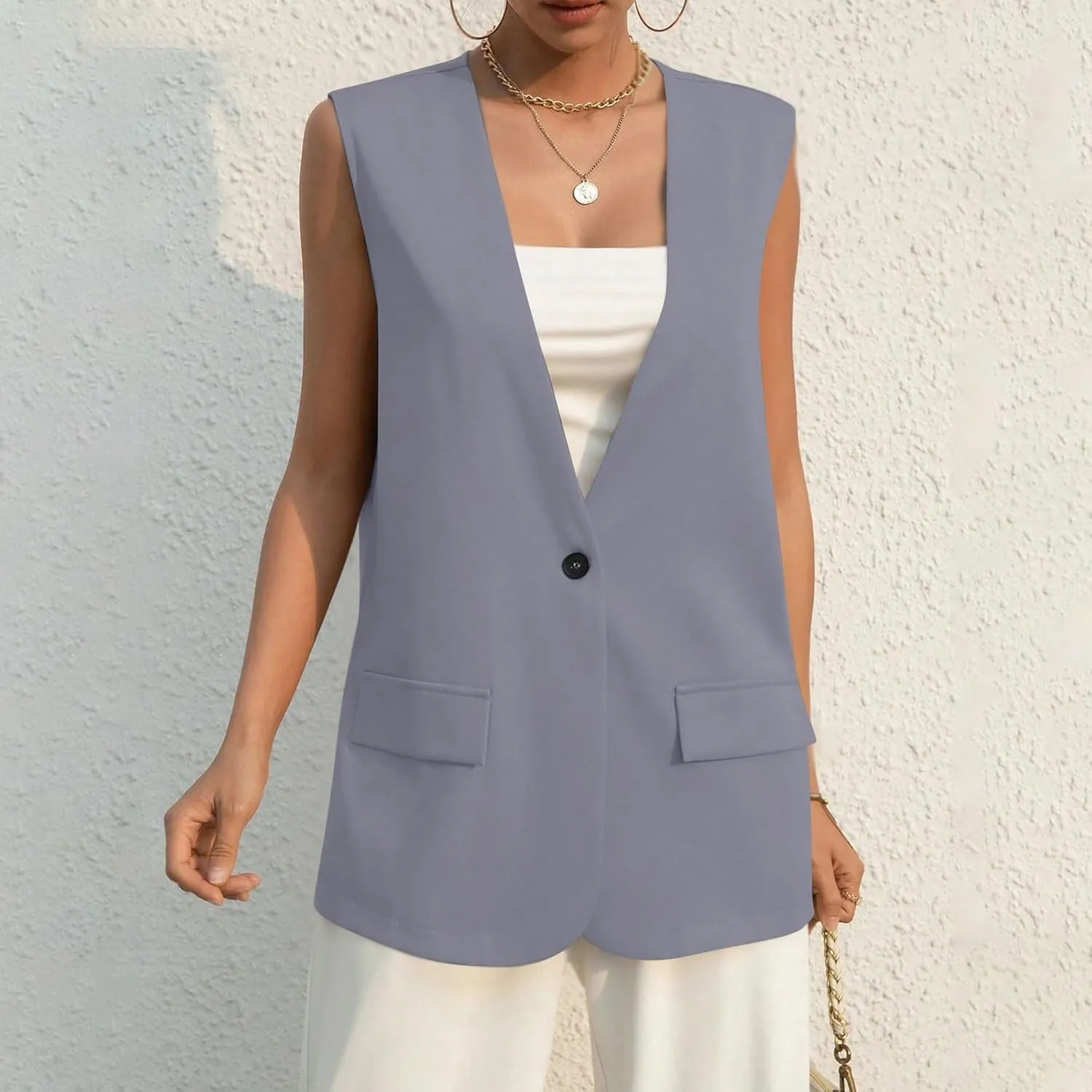 TWGONE Women's Sleeveless Blazer Jackets Summer Lightweight Single Button Waistcoat Open Front Work Office Vest Tops