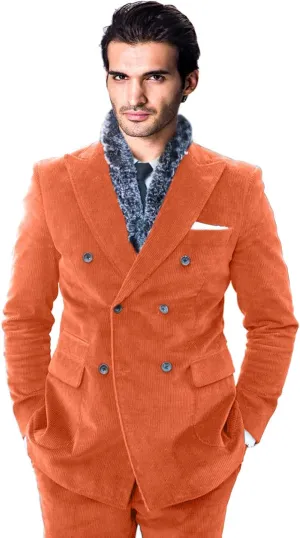 Vintage Men's Peak Lapel Corduroy Jacket Double Breasted Slim Fit Blazer