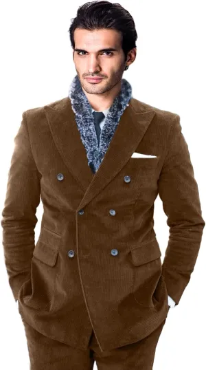 Vintage Men's Peak Lapel Corduroy Jacket Double Breasted Slim Fit Blazer