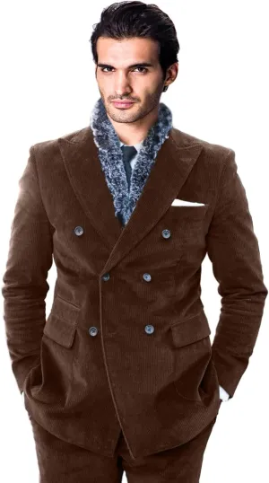 Vintage Men's Peak Lapel Corduroy Jacket Double Breasted Slim Fit Blazer