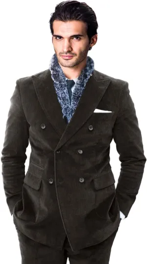 Vintage Men's Peak Lapel Corduroy Jacket Double Breasted Slim Fit Blazer
