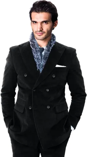 Vintage Men's Peak Lapel Corduroy Jacket Double Breasted Slim Fit Blazer