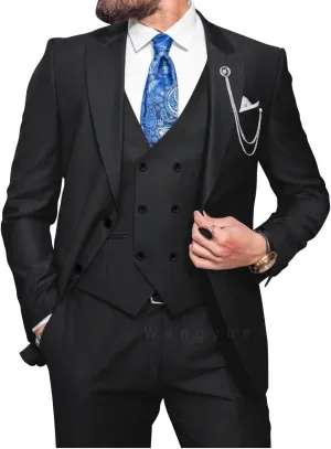 Wangyue Men Double Breasted Suit 3 Piece Slim Fit Suits Elegant Peak Lapel 2 Button Blazer Vest Pants Sets Men's Suits