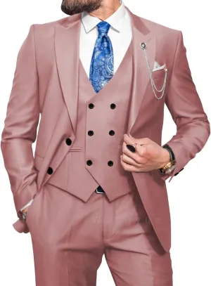 Wangyue Men Double Breasted Suit 3 Piece Slim Fit Suits Elegant Peak Lapel 2 Button Blazer Vest Pants Sets Men's Suits