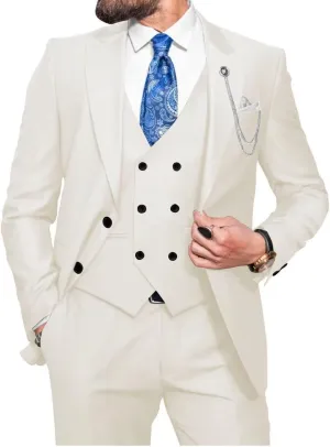 Wangyue Men Double Breasted Suit 3 Piece Slim Fit Suits Elegant Peak Lapel 2 Button Blazer Vest Pants Sets Men's Suits